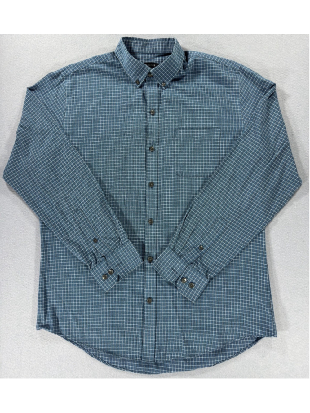 Van Heusen Men's Size M Plaid Button Down Shirt Teal Blue Grid Check Long Sleeve
